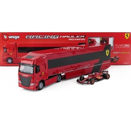 BURAGO 1/43  Iveco Fiat S-Way 570 F1 Race Car Transporter Team Scuderia Ferrari with Ferrari SF-24 No.16 Leclerc 2024