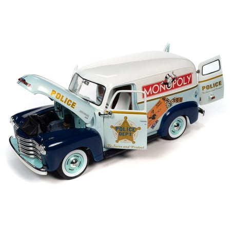 Autoworld 1/18 Chevrolet Police Van 1948 Monopoly Edition Bonus Mr. Monopoly Figure Included