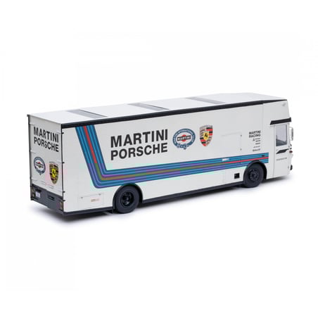 Schuco 1/18 Mercedes Benz O 317 K Race Car Transporter (Renntransporter) Team Porsche Martini Racing
