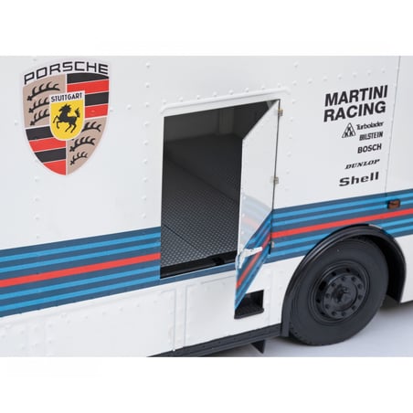 Schuco 1/18 Mercedes Benz O 317 K Race Car Transporter (Renntransporter) Team Porsche Martini Racing