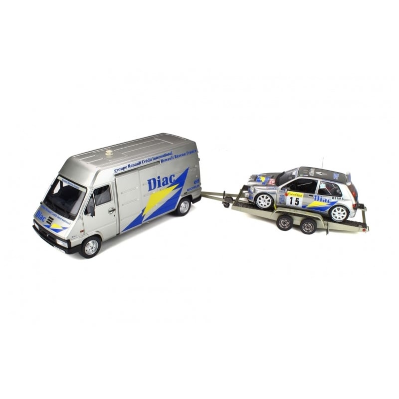 Otto Mobile 1/18 Renault Master Van with Trailer & Clio Maxi Diac Night Version No 15 Rally Monte Carlo, Driver: Bugalski 1995