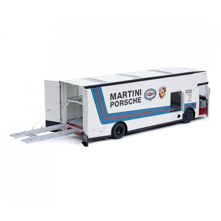 Schuco 1/18 Mercedes Benz O 317 K Race Car Transporter (Renntransporter) Team Porsche Martini Racing