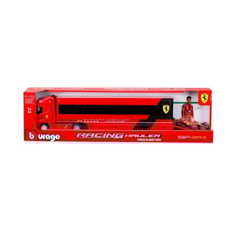BURAGO 1/43  Iveco Fiat S-Way 570 F1 Race Car Transporter Team Scuderia Ferrari with Ferrari SF-24 No.16 Leclerc 2024