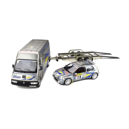 Otto Mobile 1/18 Renault Master Van with Trailer & Clio Maxi Diac Night Version No 15 Rally Monte Carlo, Driver: Bugalski 1995