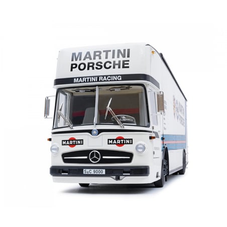 Schuco 1/18 Mercedes Benz O 317 K Race Car Transporter (Renntransporter) Team Porsche Martini Racing