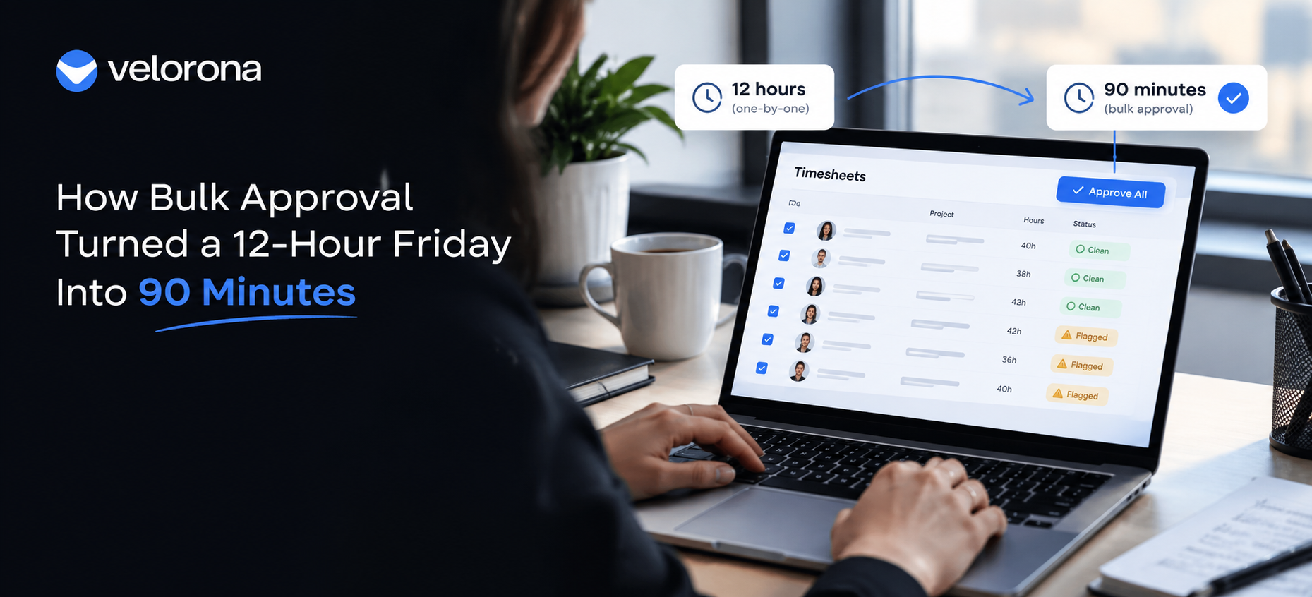 Operations manager reviewing bulk timesheet approval dashboard with flagged discrepancies for IT staffing firm