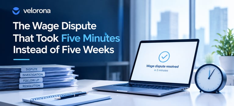 Staffing firm controller pulling up a timestamped timesheet audit trail to resolve a wage dispute