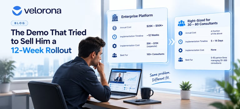 Staffing firm owner comparing an enterprise platform rollout timeline with staffing software for small firms