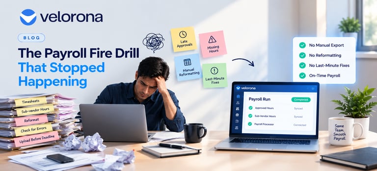 Staffing firm controller reviewing a timesheet to payroll integration instead of a manual payroll export