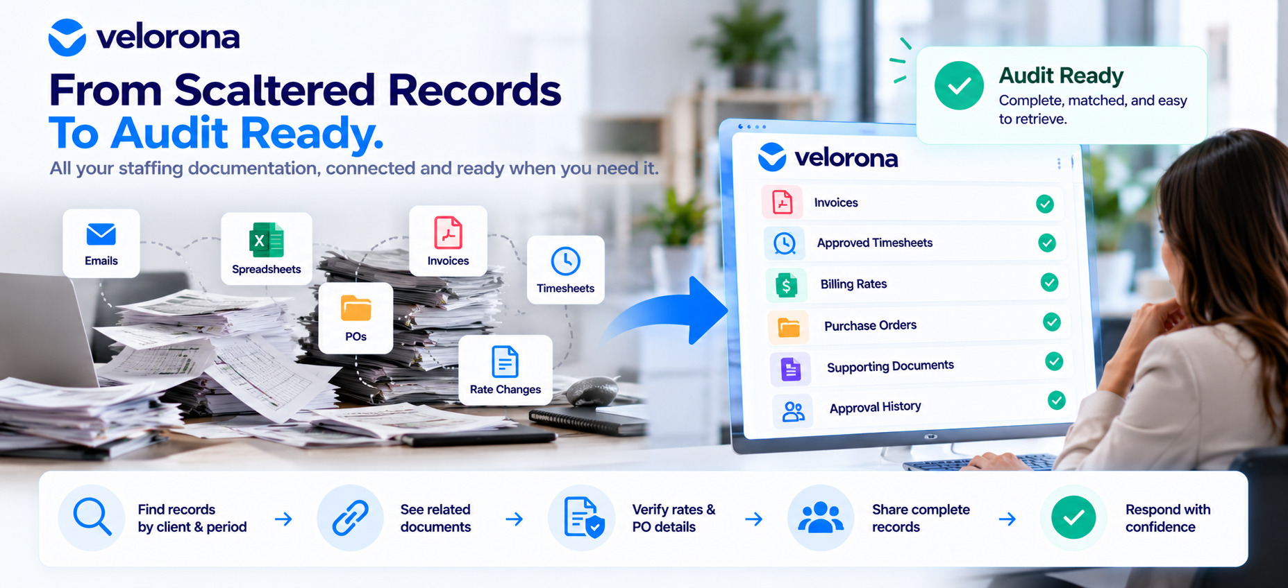 Staffing firm controller demonstrating staffing audit readiness by retrieving 12 months of invoices and timesheets