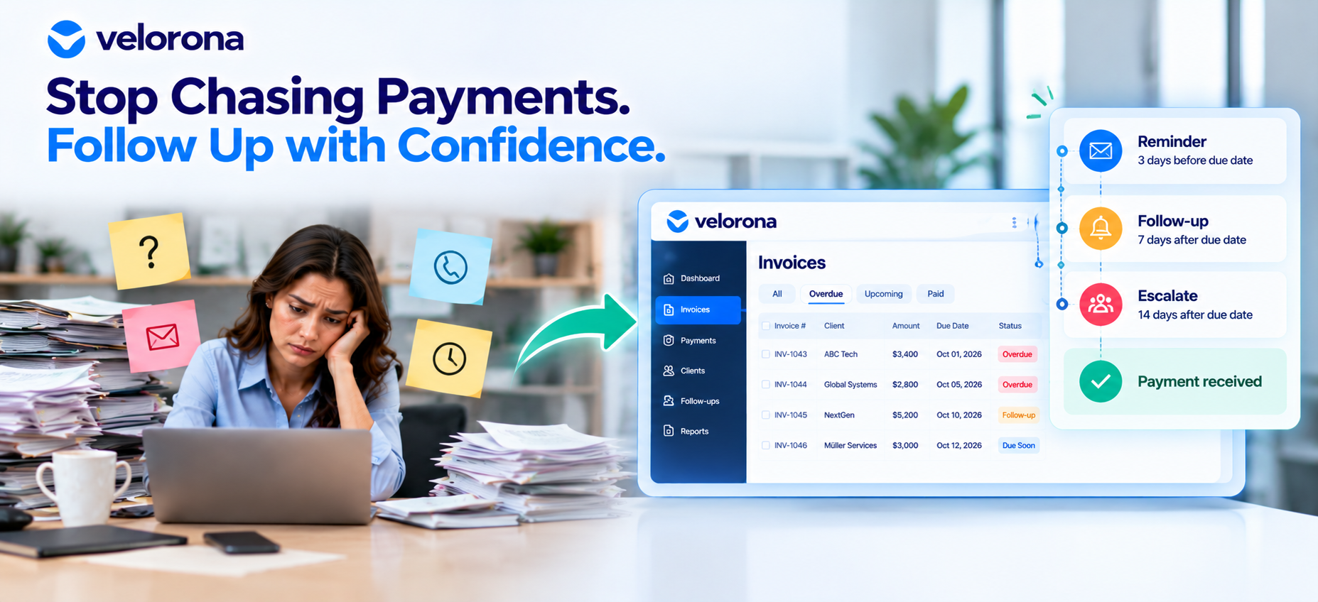 taffing firm finance manager reviewing automated payment reminders and overdue invoice status in one dashboard