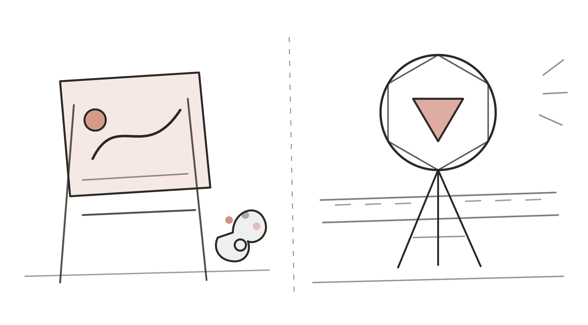 Illustration of an easel with a painting beside a camera on a tripod