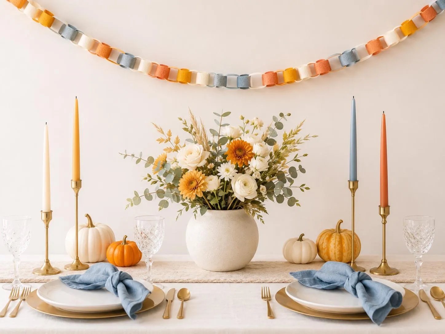 A felt chain garland in rust, mustard, blue and cream hung above a harvest table