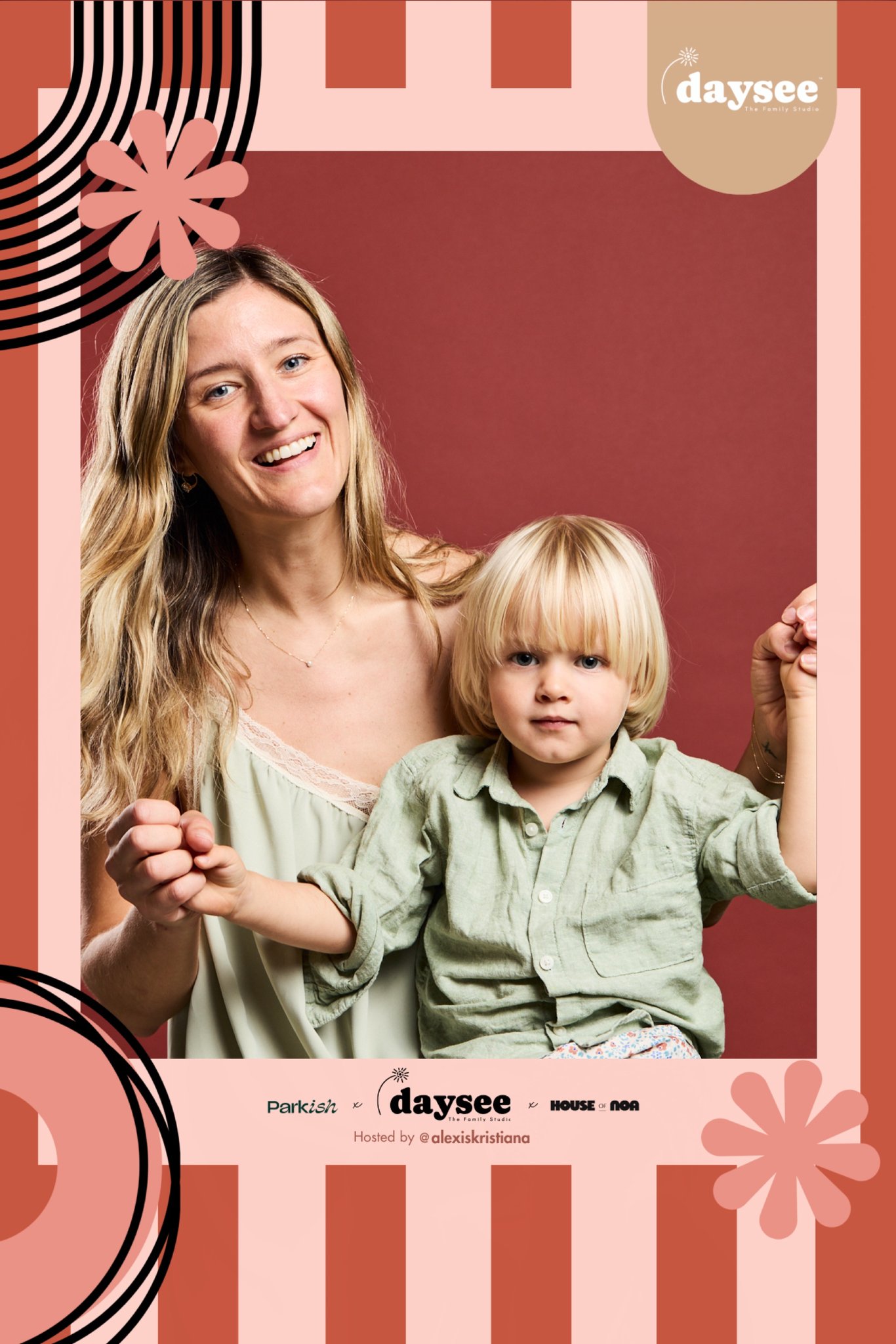 Branded event print: a smiling mother holding her toddler’s hands, framed in Daysee stripes with Parkish and House of Noa logos