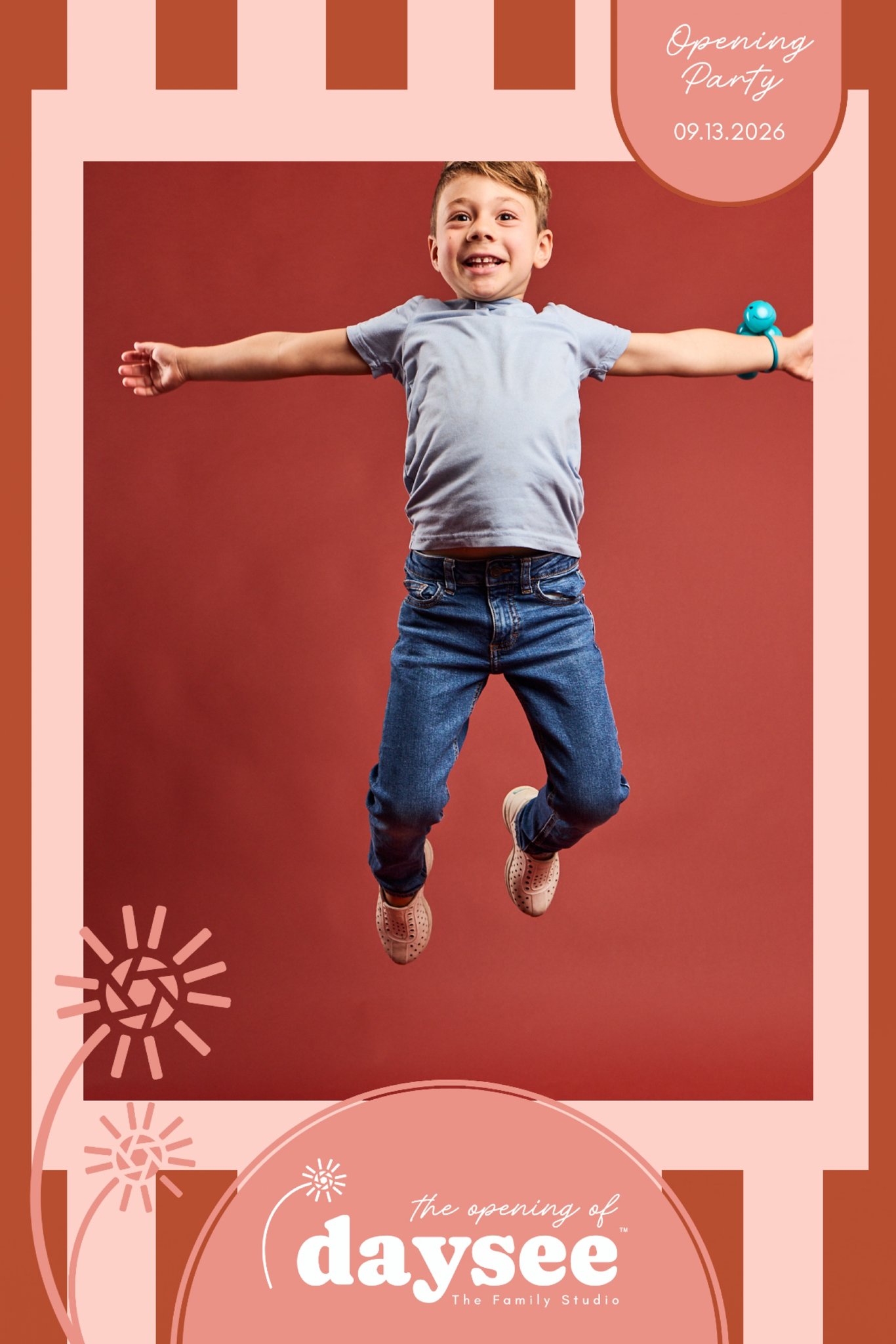 A boy jumping mid-air in an instant-print party frame