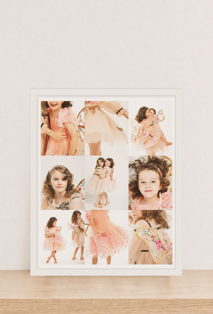 A framed nine-image grid of a fairy-dress session, hung on a warm plaster wall