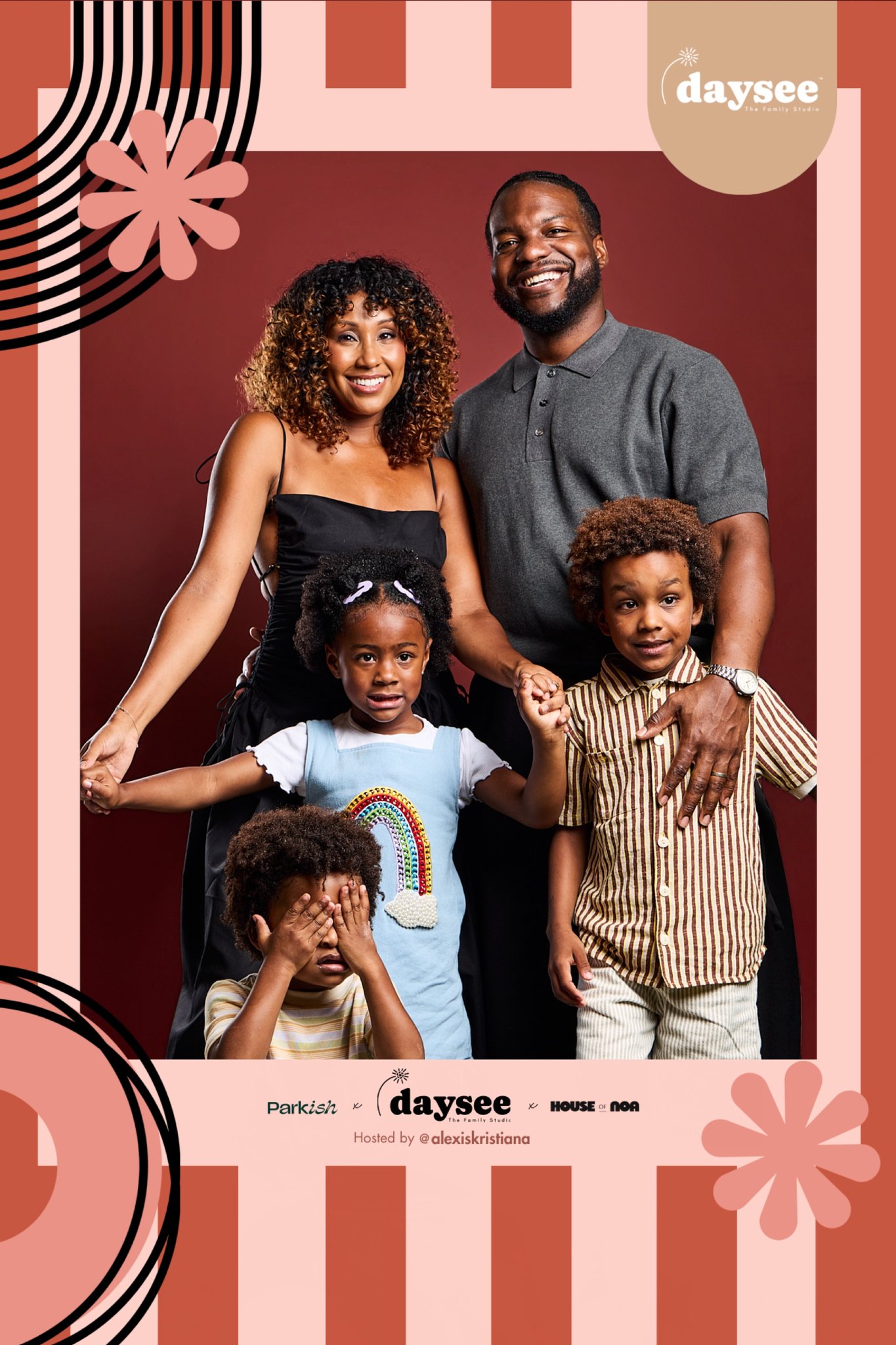 Branded event print: a smiling family of five on a red backdrop, framed in Daysee stripes