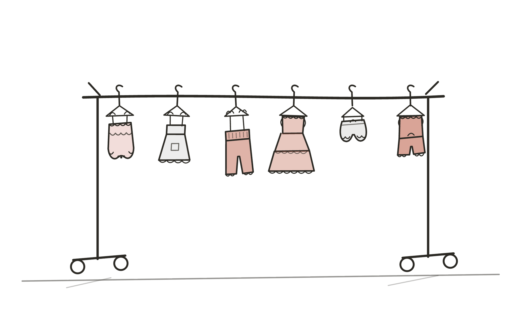 Illustration of a clothing rack with children’s and adult pieces on hangers