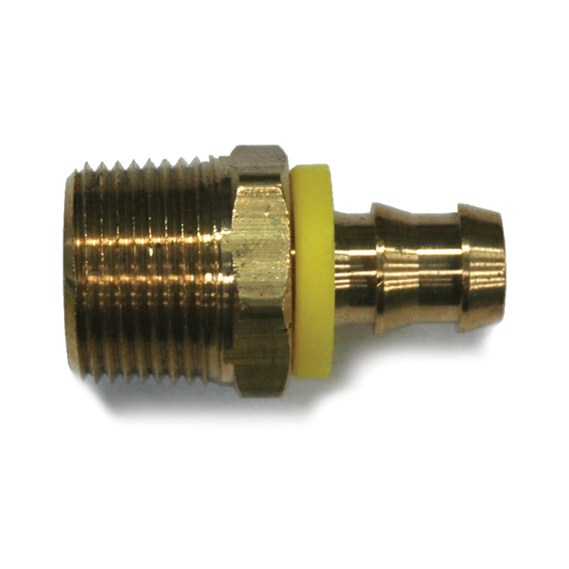 Hose Barb, 1/2″ Inside Diameter Push-On, 3/4″ Male NPT, Brass.