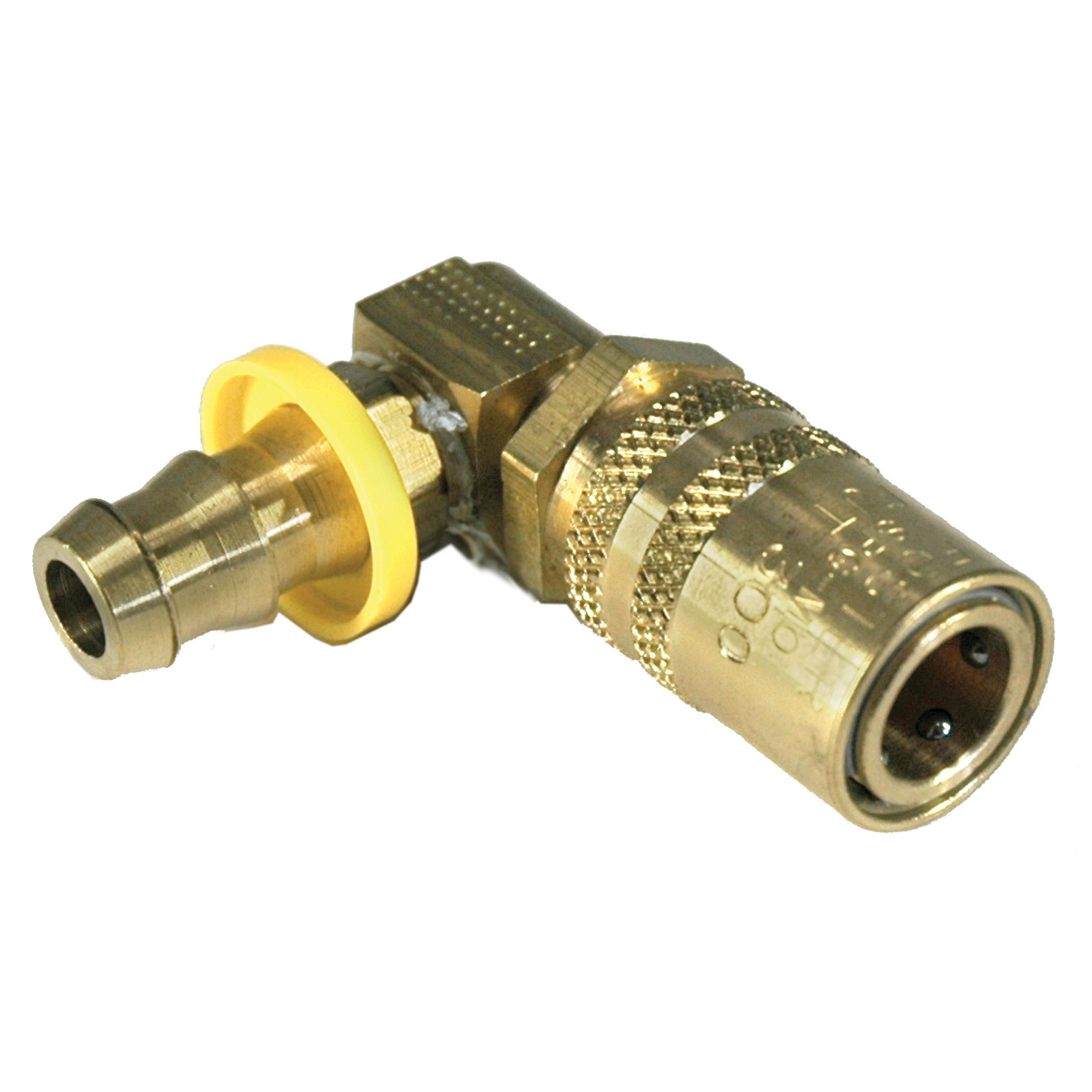 Coupler, 3/8" Passage, 90 Degree, 1/2" Hose Barb Push-On, 318P Series. - Image 1