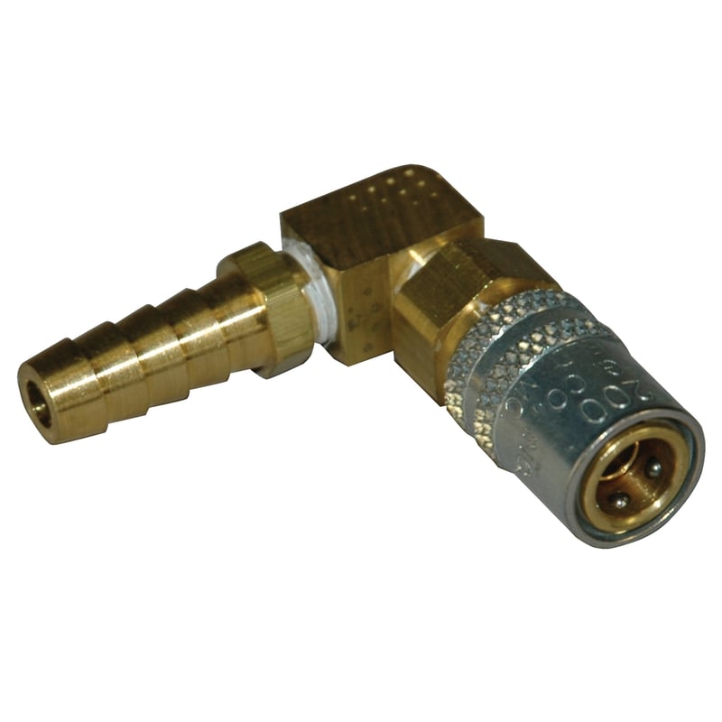 Coupler, 1/4″ Passage, 90 Degree, 3/8″ Inside Diameter Hose, Valved, 216V Series.