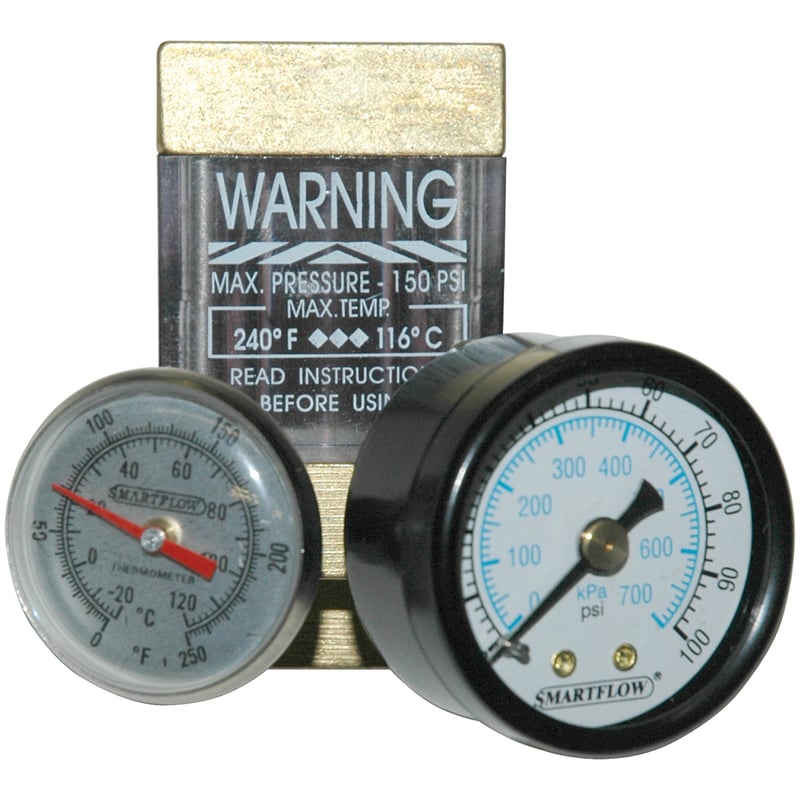 Flowmeter, 1/4″ NPT, 2.5 gpm, Brass, Thermometer and Pressure Gauge (100 psi)
