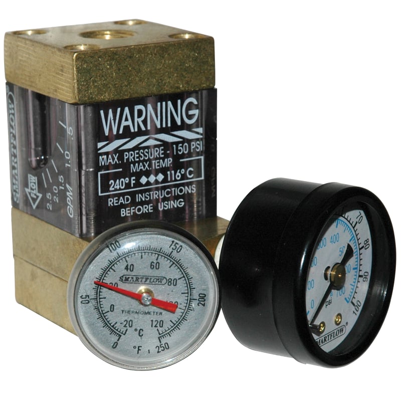 Flowmeter, 1/4" NPT, 2.5 gpm, Brass, Thermometer and Pressure Gauge (100 psi)