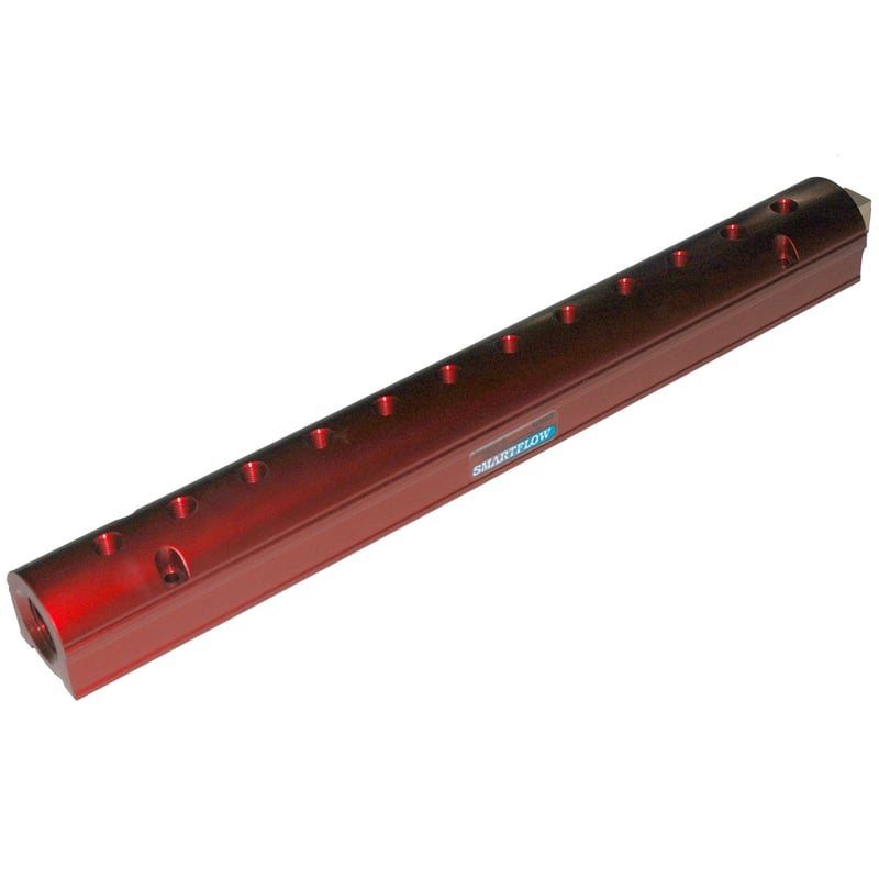 Manifold, Red Aluminum, (2) 3/4″ Inlets and (12) 3/8″ Ports, with (1) Bronze End Plug