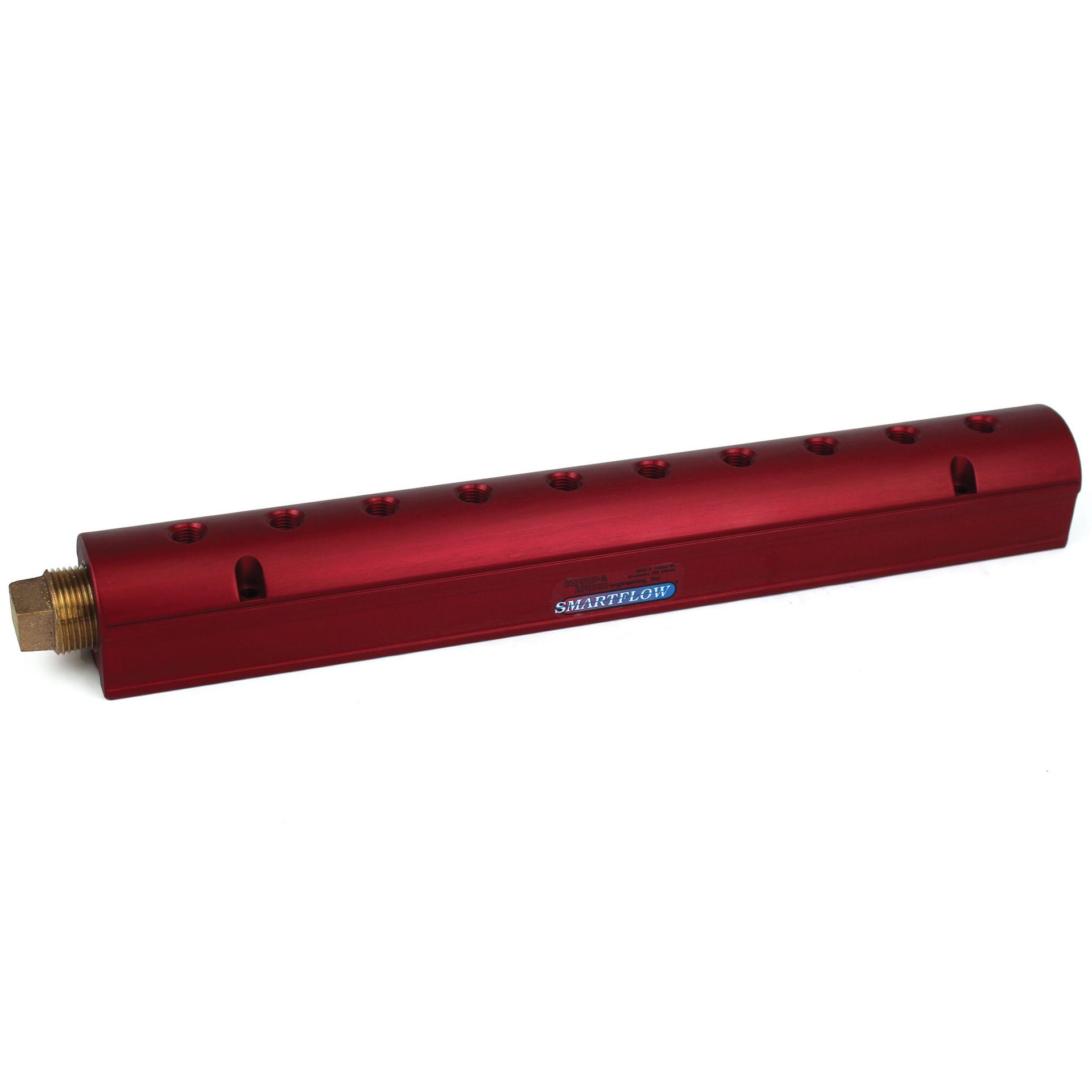 Manifold, Red Aluminum, (2) 3/4" Inlets and (10) 1/4" Ports, with (1) Bronze End Plug - Image 1