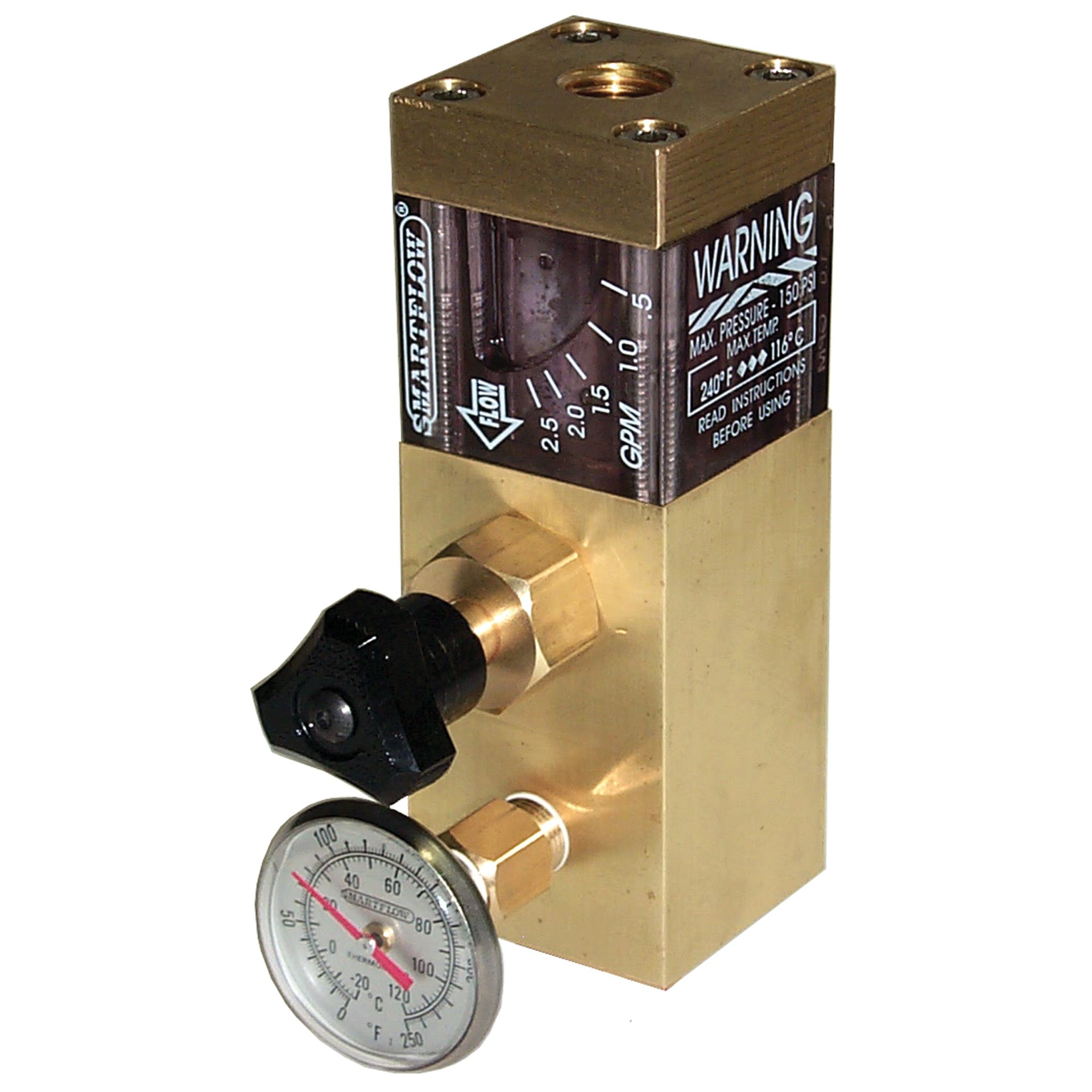 Flow Regulator, Brass, 1/2" NPT Inlet, 3/8" Outlet, 1.5 gpm, with Temperature Gauge - Image 1