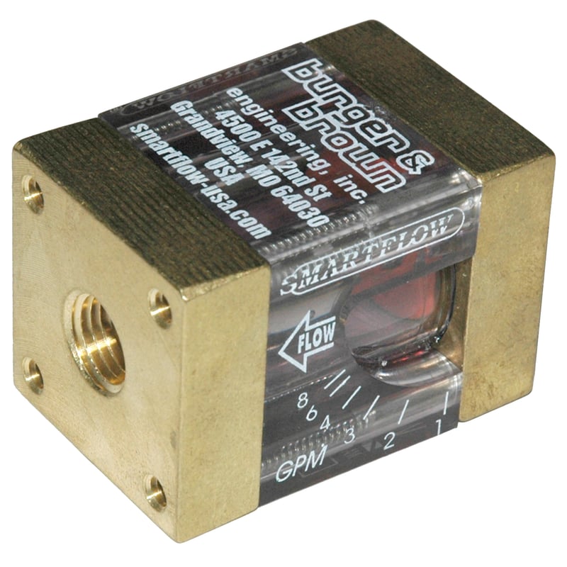 Flowmeter, 1/4" NPT Inlet and Outlet, 8.0 gpm, Brass End Caps