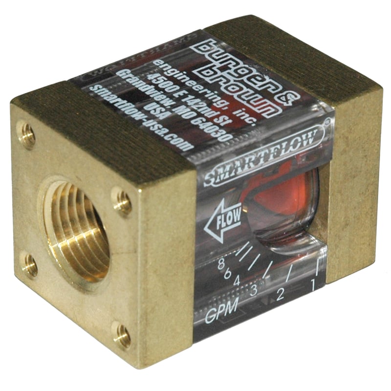 Flowmeter, 1/2" NPT Inlet and Outlet, 8.0 gpm, Brass End Caps