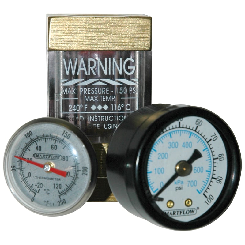 Flowmeter, 1/2″ NPT, 8.0 gpm, Brass, Thermometer and Pressure Gauge (100 psi)