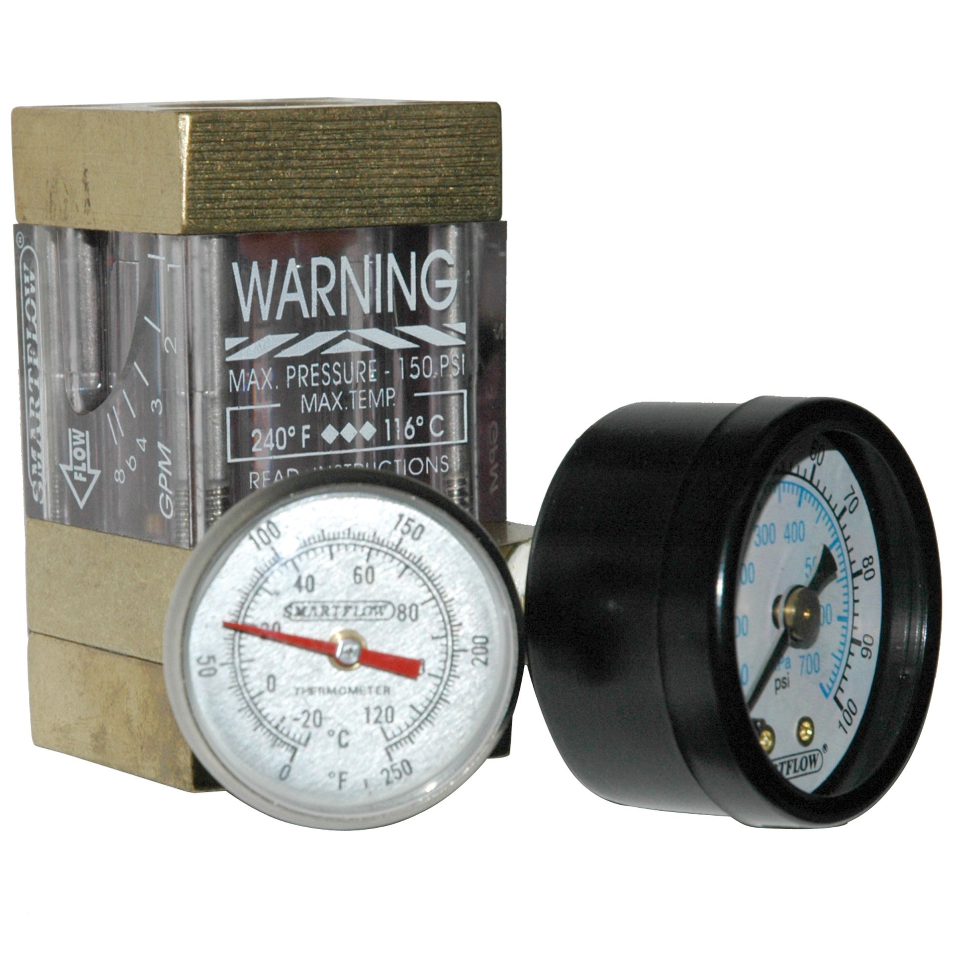 Flowmeter, 1/2" NPT, 8.0 gpm, Brass, Thermometer and Pressure Gauge (100 psi) - Image 2