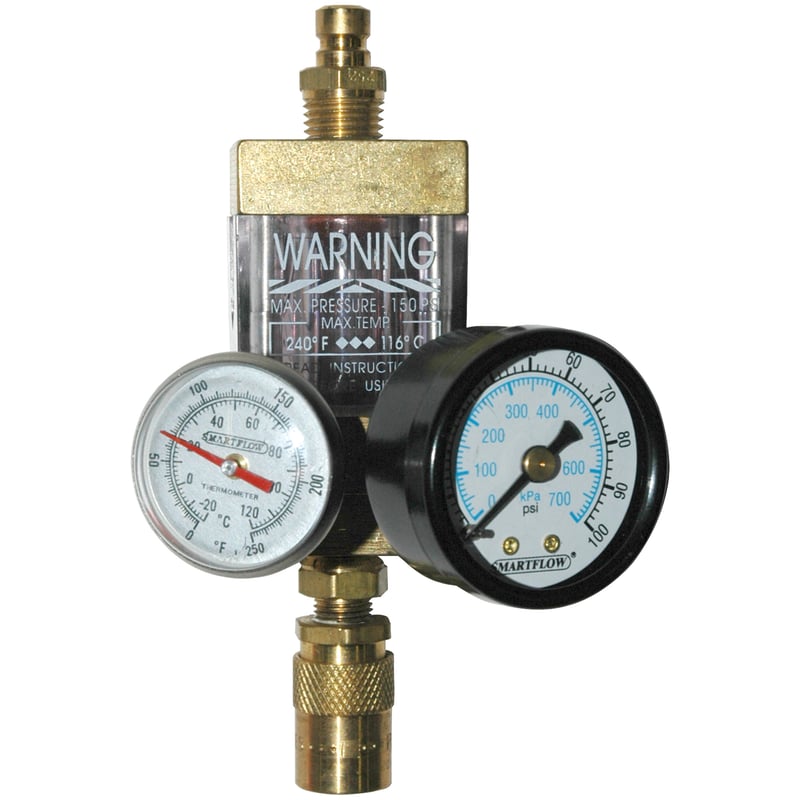 Flowmeter, 1/4″ NPT, 8.0 gpm, Brass, Thermometer, Pressure Gauge (100 psi), QD’s