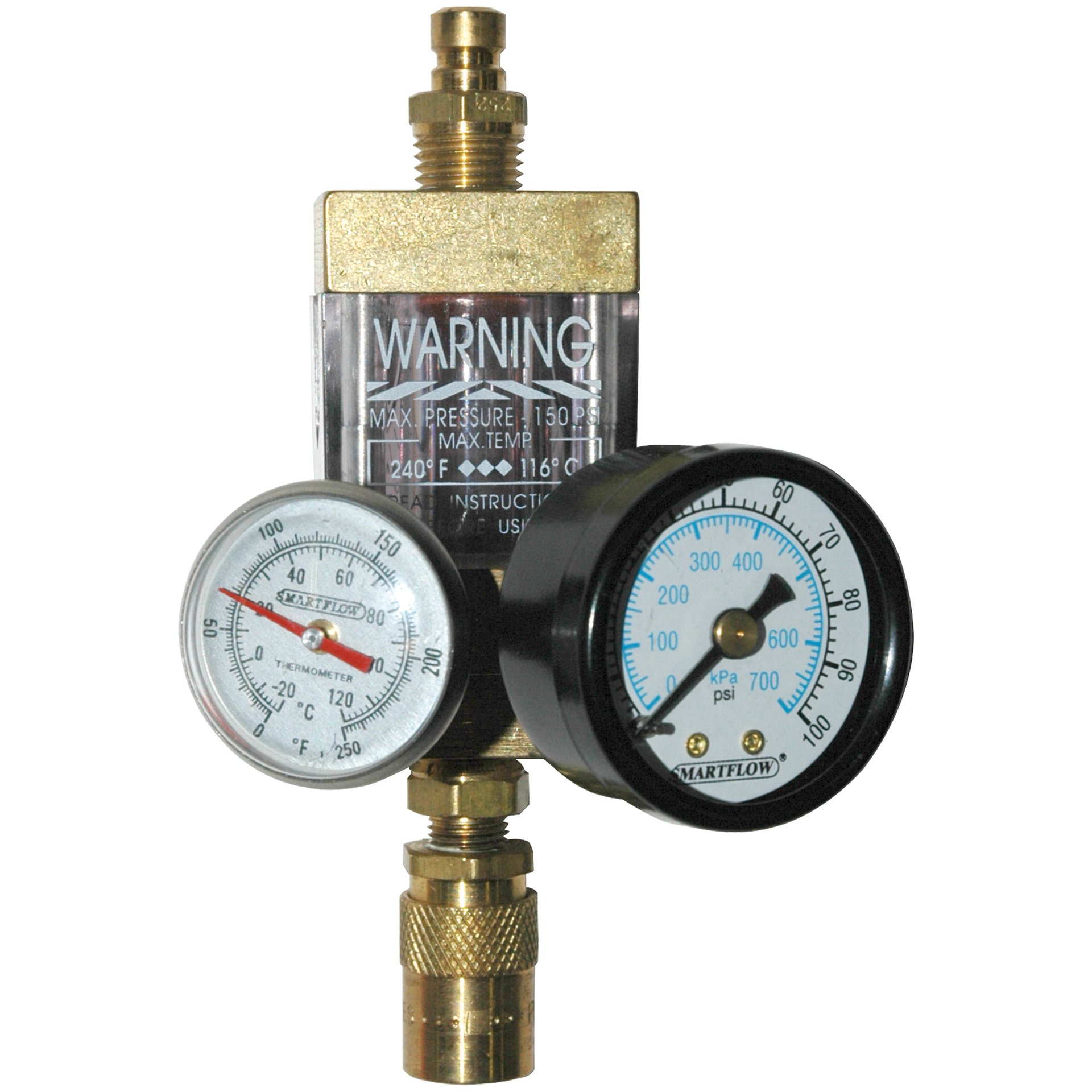 Flowmeter, 1/4" NPT, 8.0 gpm, Brass, Thermometer, Pressure Gauge (100 psi), QD