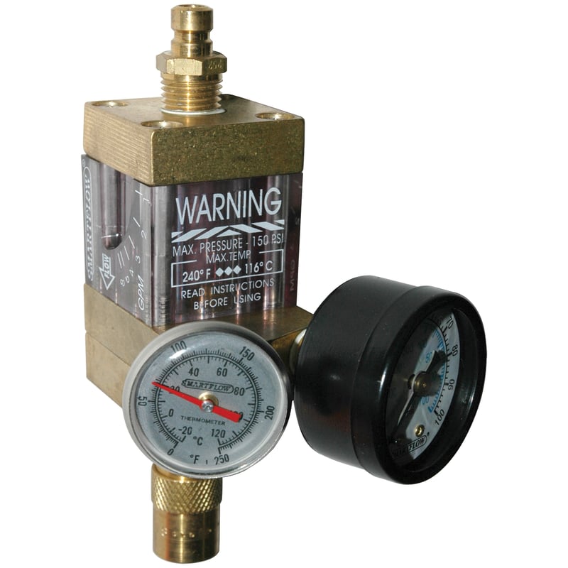 Flowmeter, 1/4" NPT, 8.0 gpm, Brass, Thermometer, Pressure Gauge (100 psi), QD's