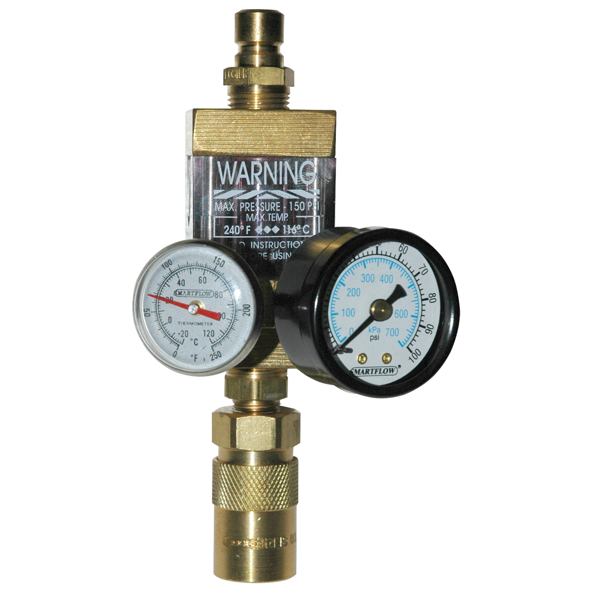 Flowmeter, 3/8" NPT, 2.5 gpm, Brass, Thermometer, Pressure Gauge, QD
