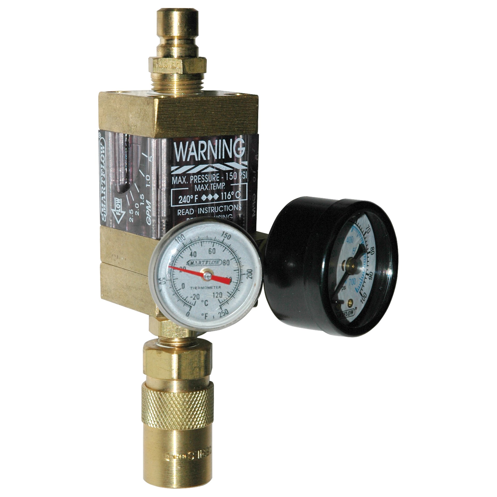 Flowmeter, 3/8" NPT, 2.5 gpm, Brass, Thermometer, Pressure Gauge, QD