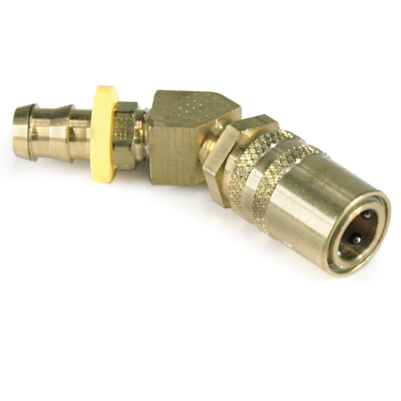Coupler, 3/8″ Passage, 45 Degree, 1/2″ Hose Barb, Push-On, 328P Series.