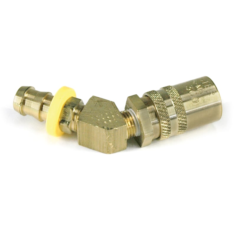 Coupler, 3/8" Passage, 45 Degree, 1/2" Hose Barb, Push-On, 328P Series.
