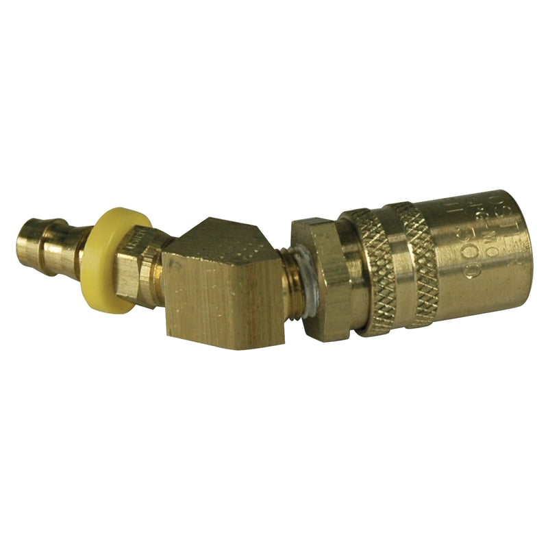 Coupler, 3/8" Passage, 45 Degree, 3/8" Hose Barb, Push-On, 326P Series.