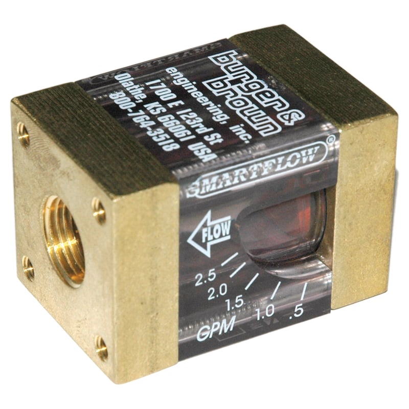 Flowmeter, 3/8" NPT Inlet and Outlet, 2.5 gpm, Brass End Caps