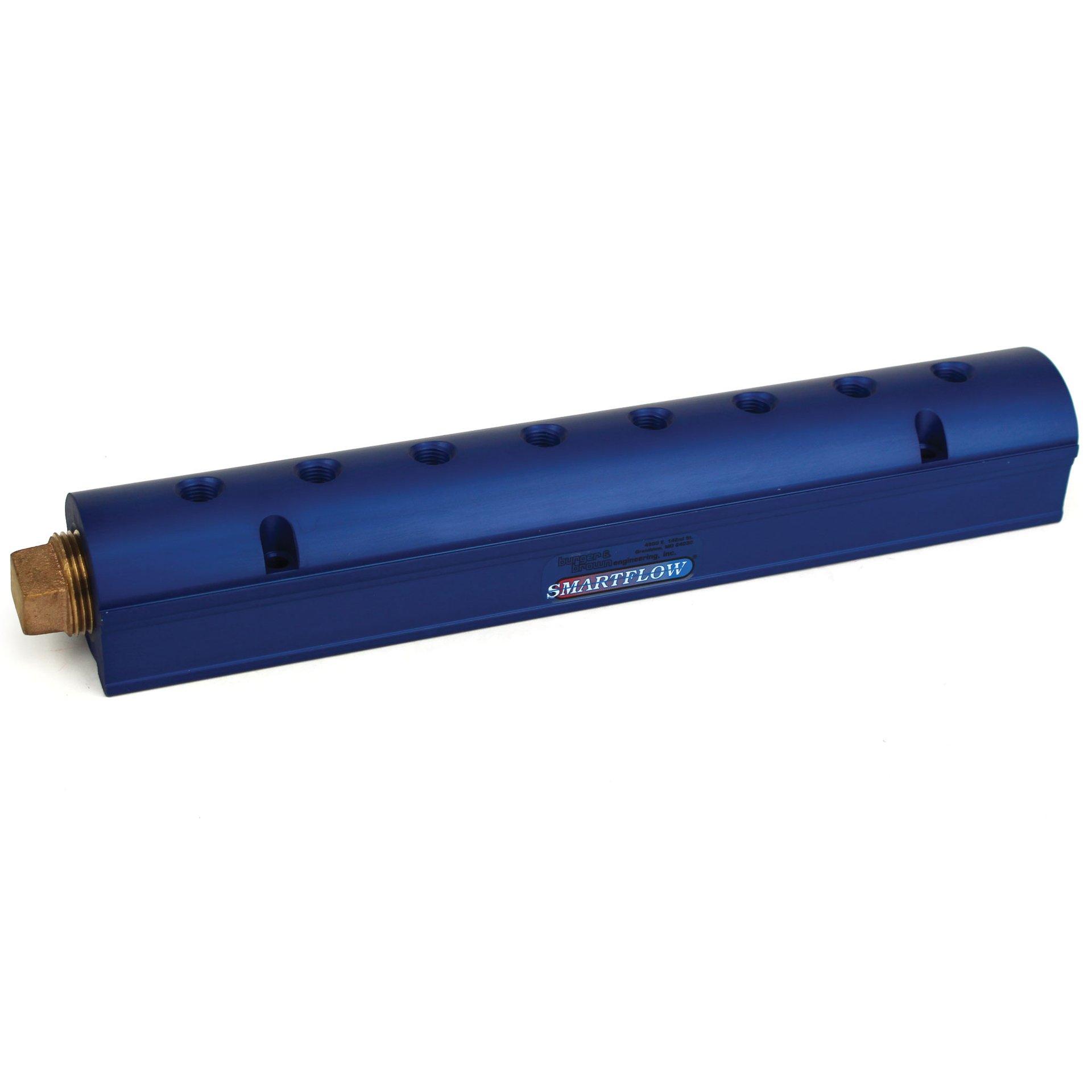 Manifold, Blue Aluminum, (2) 3/4" Inlets and (8) 3/8" Ports, with (1) Bronze End Plug - Image 1
