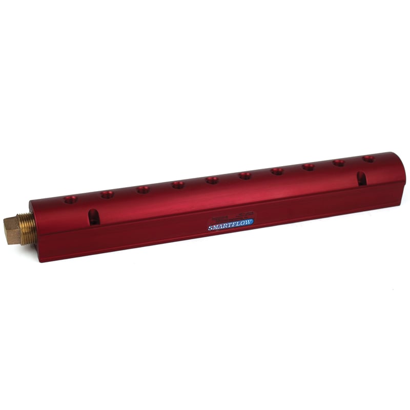 Manifold, Red Aluminum, (2) 3/4″ Inlets and (10) 3/8″ Ports, with (1) Bronze End Plug