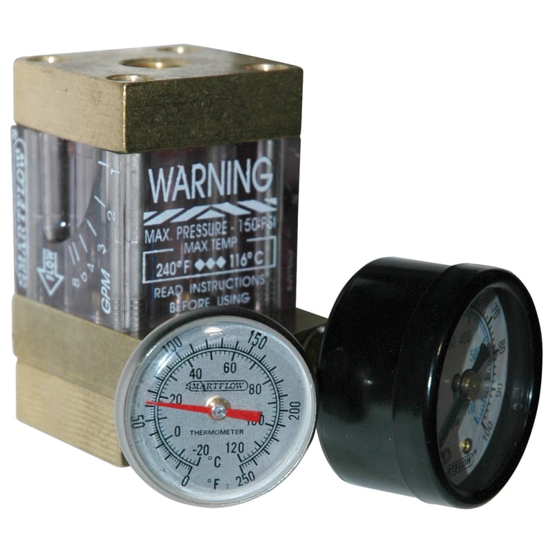 Flowmeter, 1/4" NPT, 8.0 gpm, Brass, Thermometer and Pressure Gauge (100 psi)