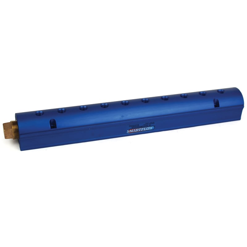 Manifold, Blue Aluminum, (2) 3/4″ Inlets and (10) 3/8″ Ports, with (1) Bronze End Plug