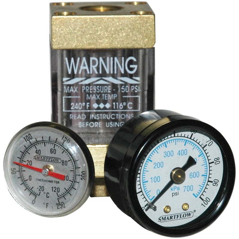 Flowmeter, 3/8″ NPT, 8.0 gpm, Brass, Thermometer and Pressure Gauge (100 psi)