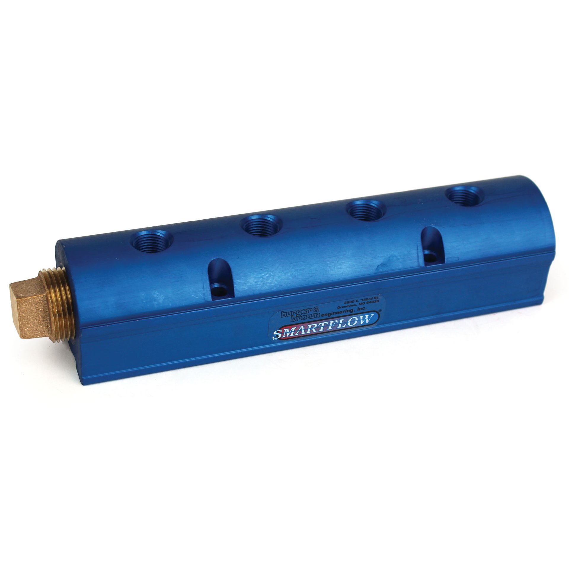 Manifold, Blue Aluminum, (2) 1" Inlets and (4) 1/4" Ports, with (1) Bronze End Plug - Image 1