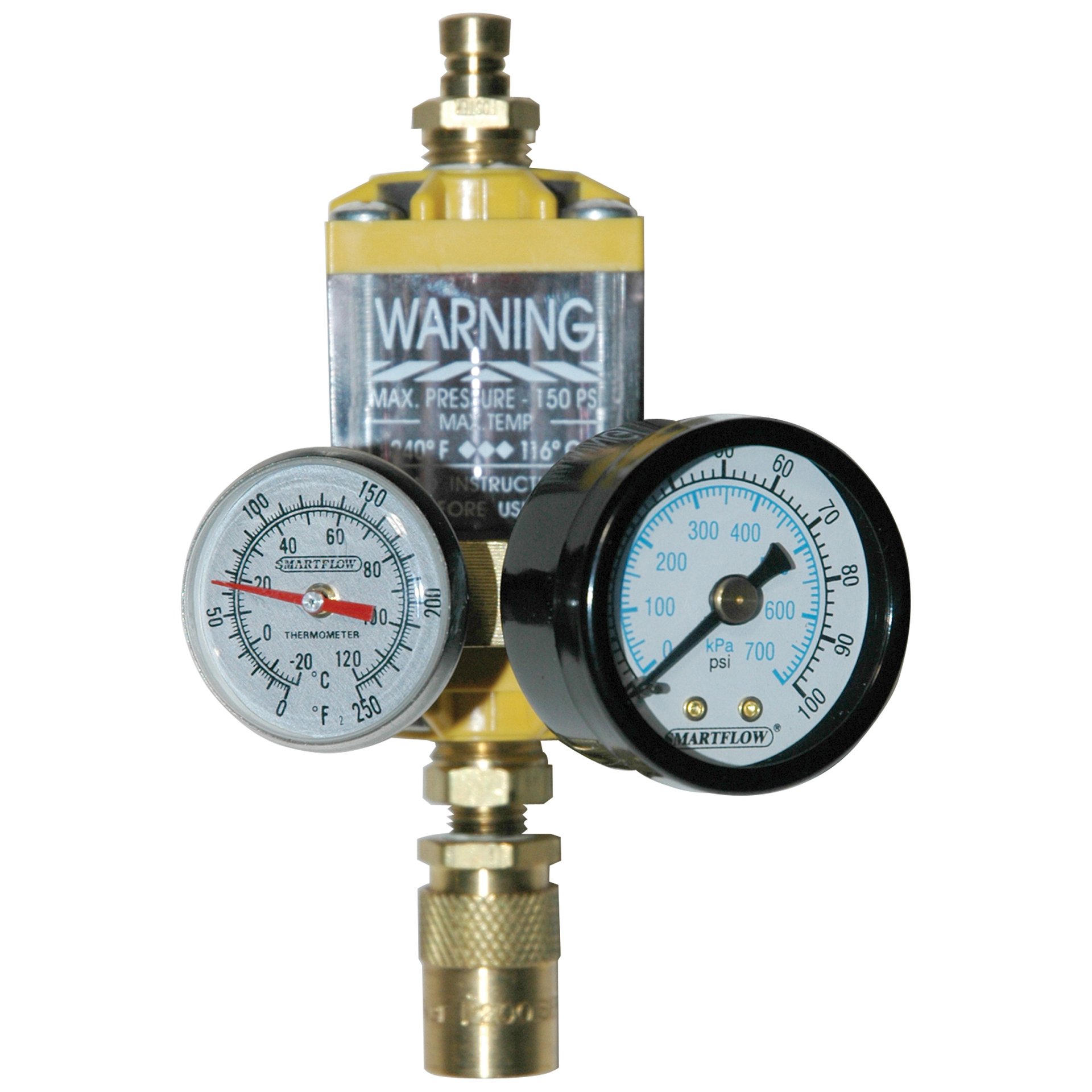 Flowmeter, 1/4" NPT, 8.0 gpm, Nylon, Thermometer, Pressure Gauge (100 psi), QD